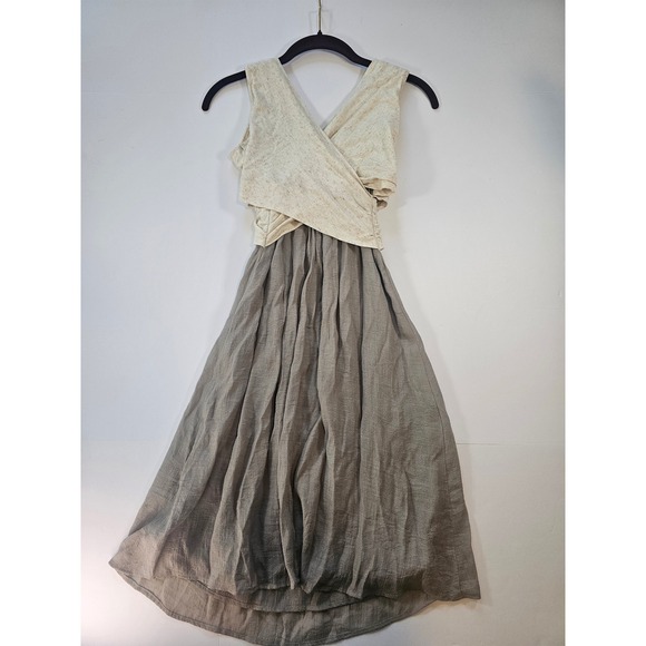 Amadi Dresses & Skirts - Amadi Lola Midi Dress Womens XS Grey Cream Surplice Linen Blend Sleeveless Boho